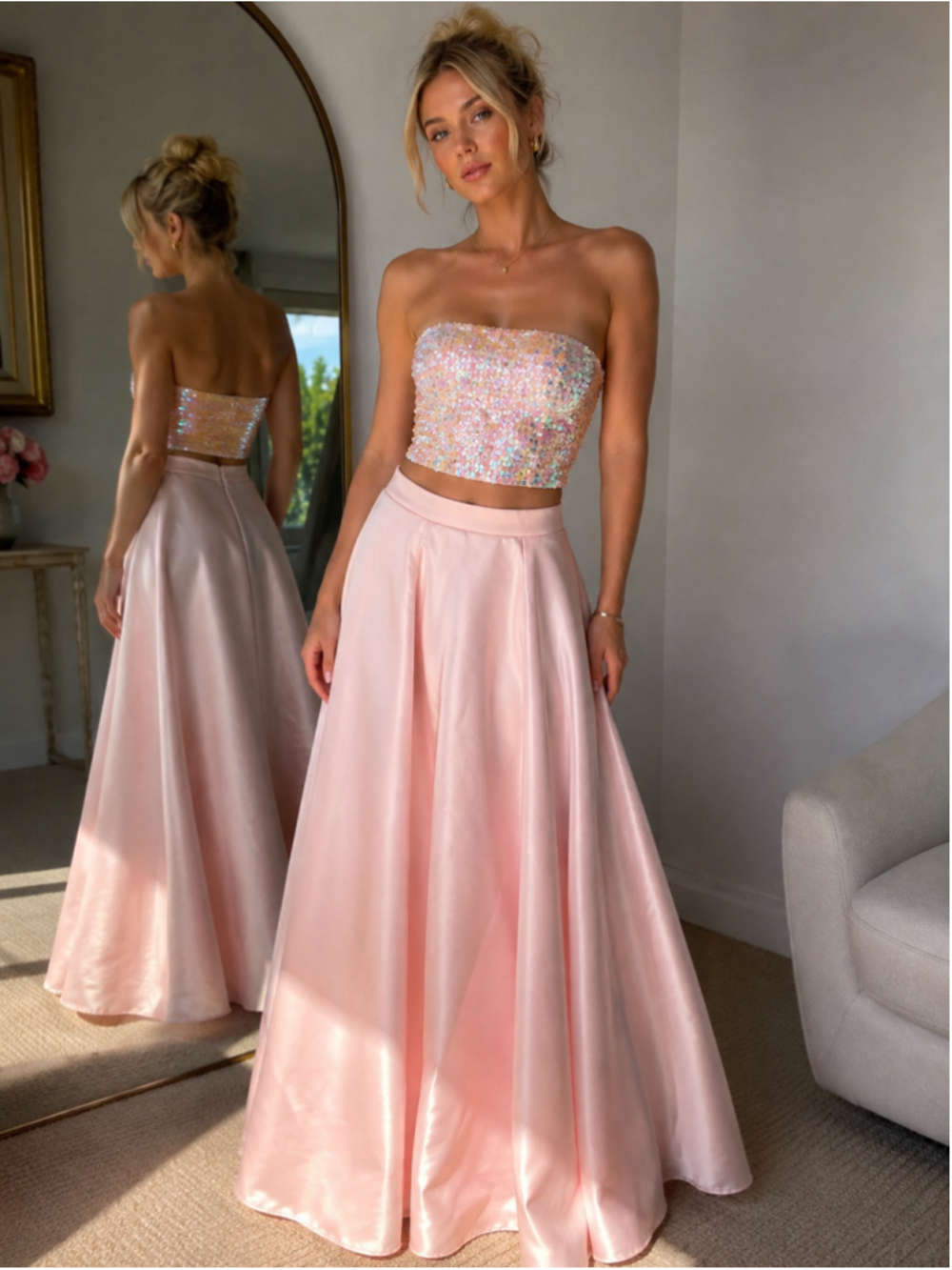 Vintage 90s Pink Sequin Prom Set Iridescent Tube Top Maxi Skirt Fairy Y2K